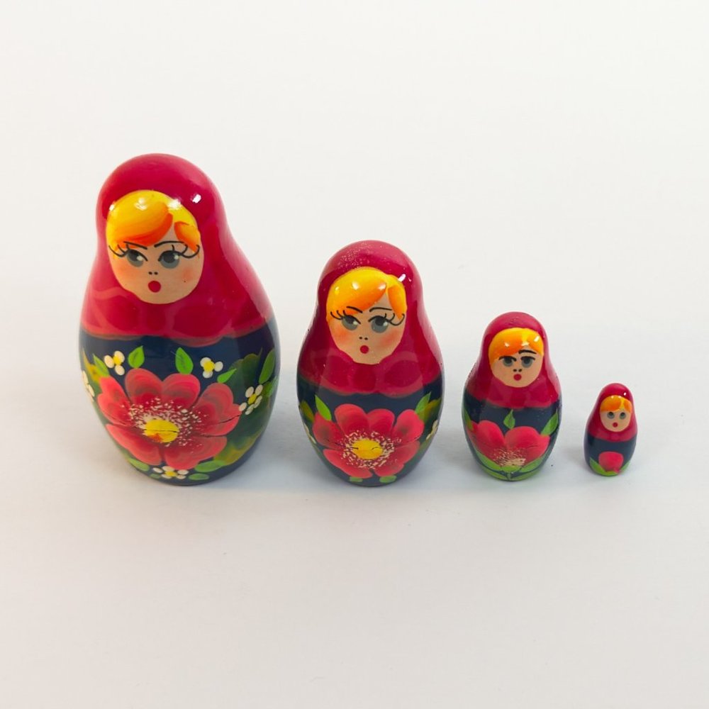 Miniature Russian Matryoshka Nesting Dolls 4 Nested Floral Hand Painted Wood